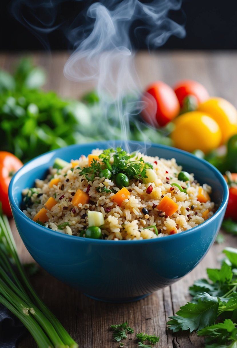 A steaming bowl of mixed brown rice and quinoa, surrounded by colorful vegetables and herbs