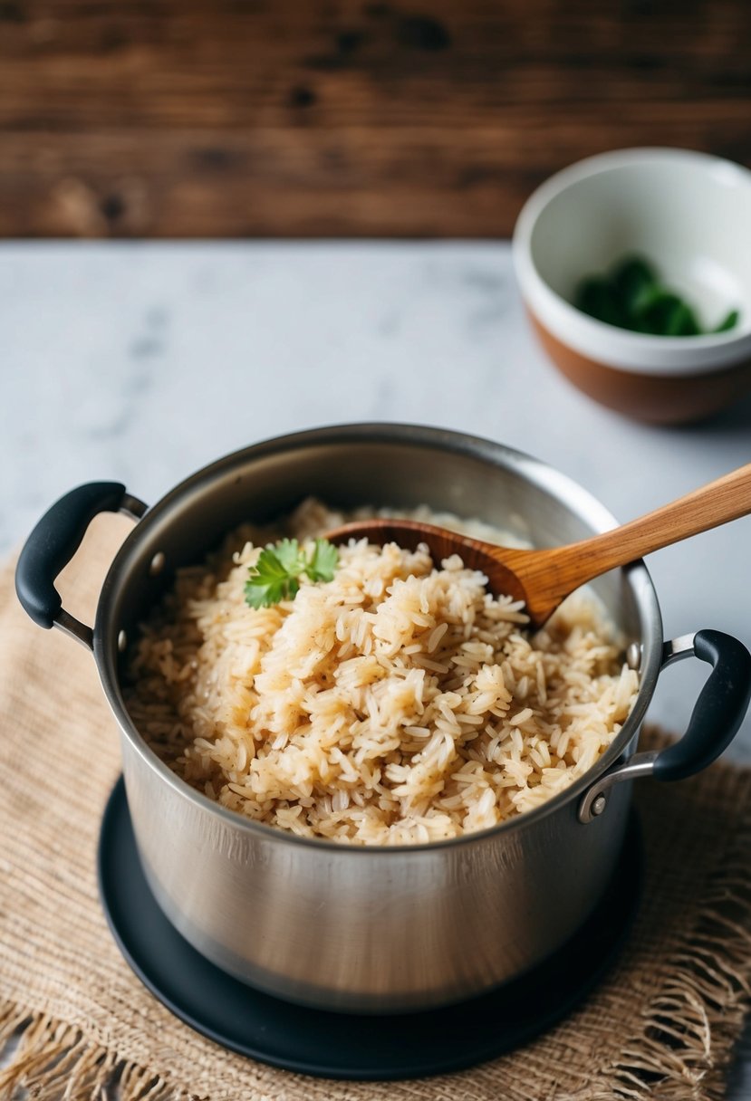 A pot of brown rice simmering in coconut milk, with a wooden spoon resting on the edge