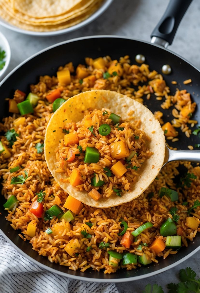 A sizzling pan of spicy brown rice mixed with colorful vegetables and savory taco seasoning, ready to be scooped into taco shells