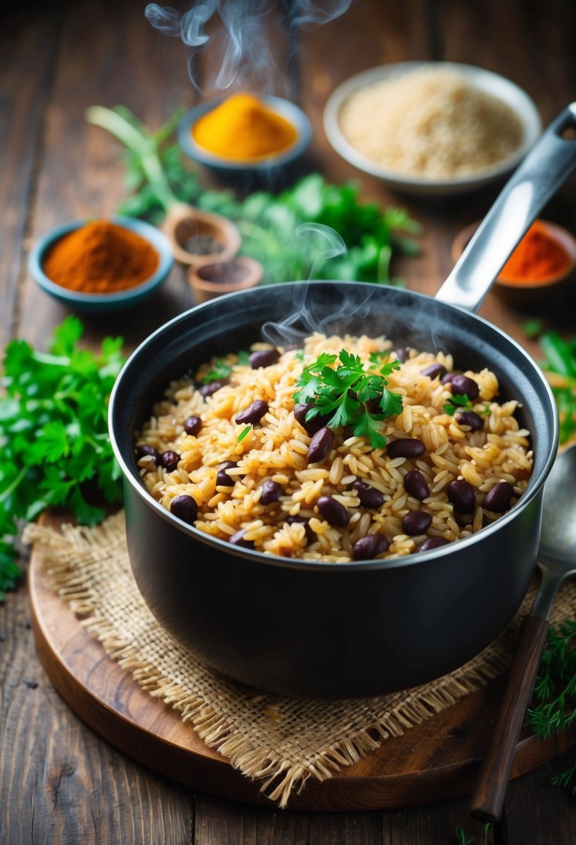 A steaming pot of brown rice and beans sits on a rustic wooden table, surrounded by colorful spices and fresh herbs