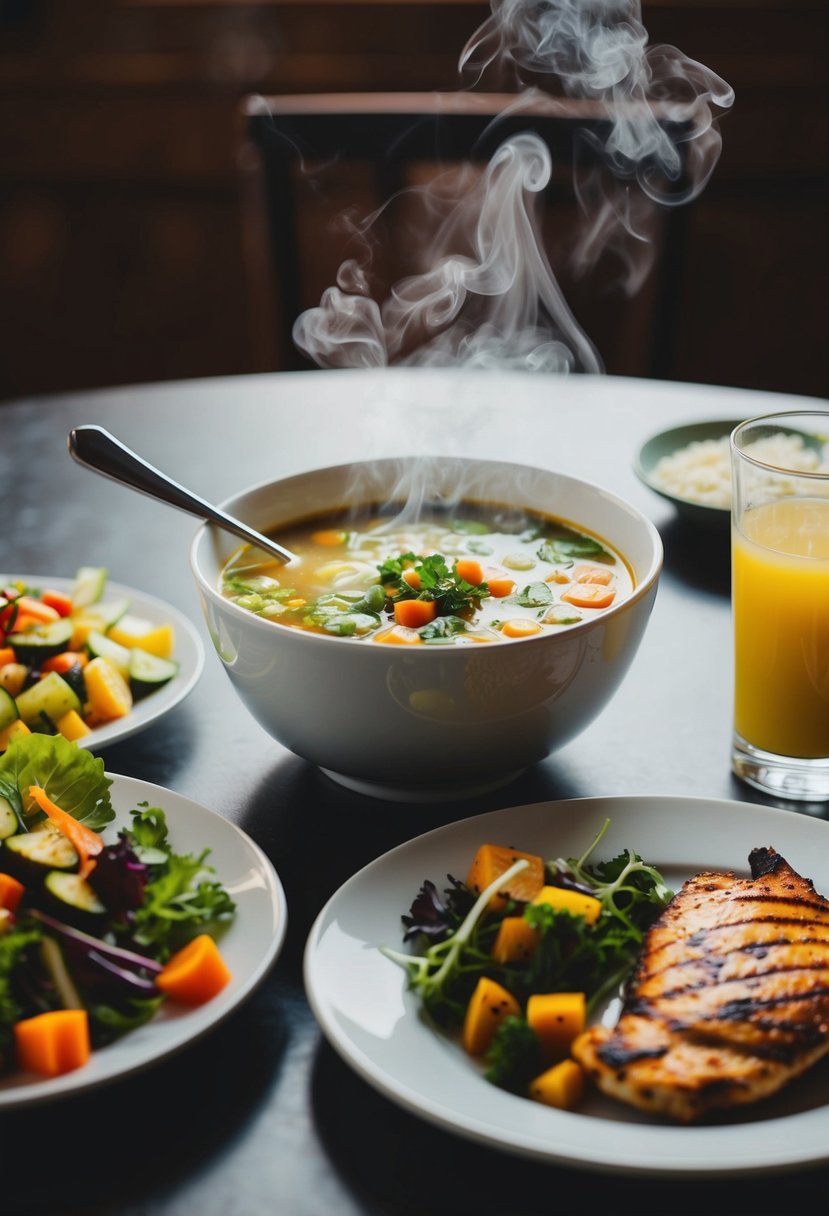 A table with a steaming bowl of vegetable soup, a colorful salad, and a plate of grilled chicken and roasted vegetables