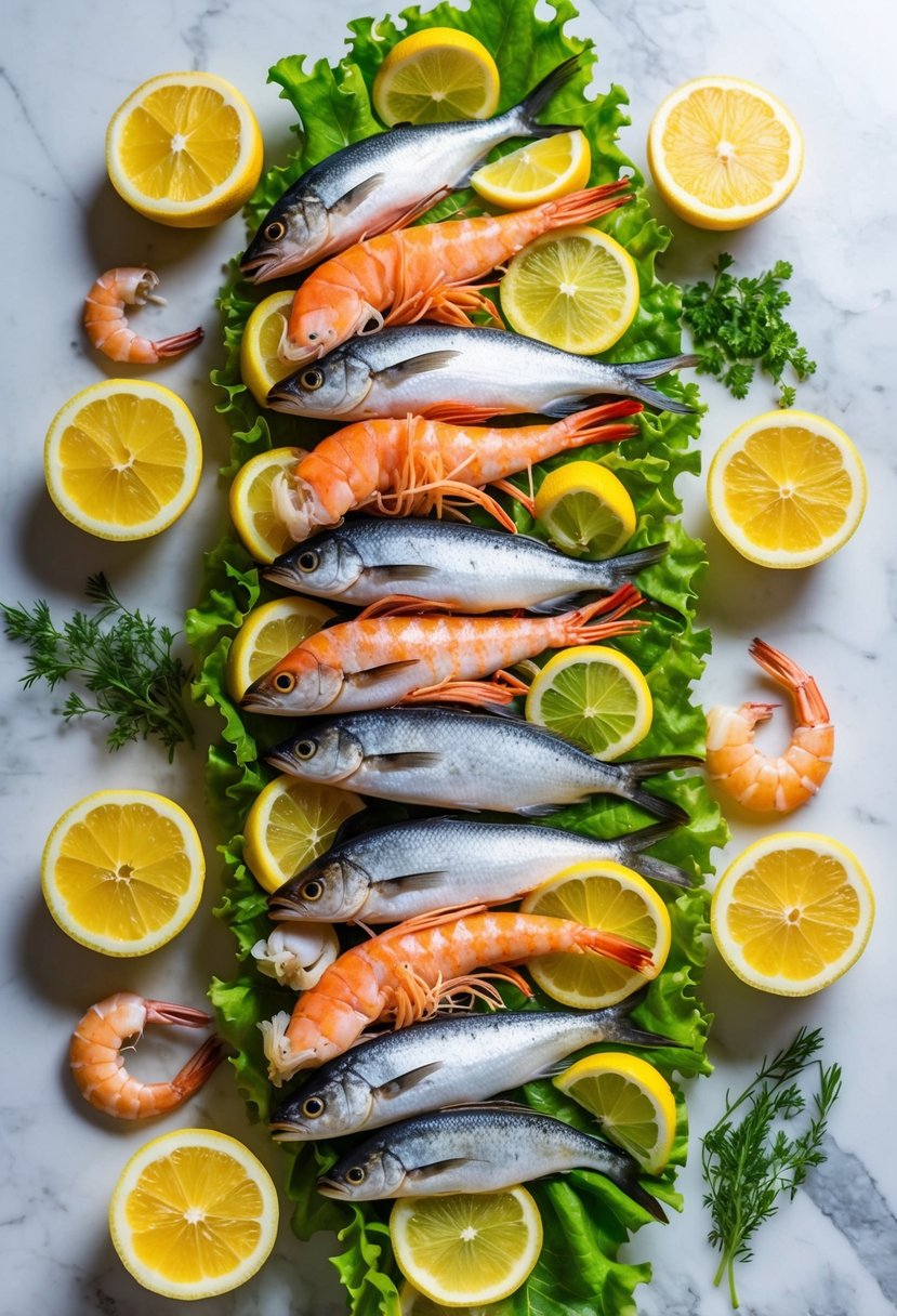 A colorful array of fresh seafood including fish, shrimp, and shellfish arranged on a bed of vibrant green lettuce and surrounded by slices of lemon and herbs