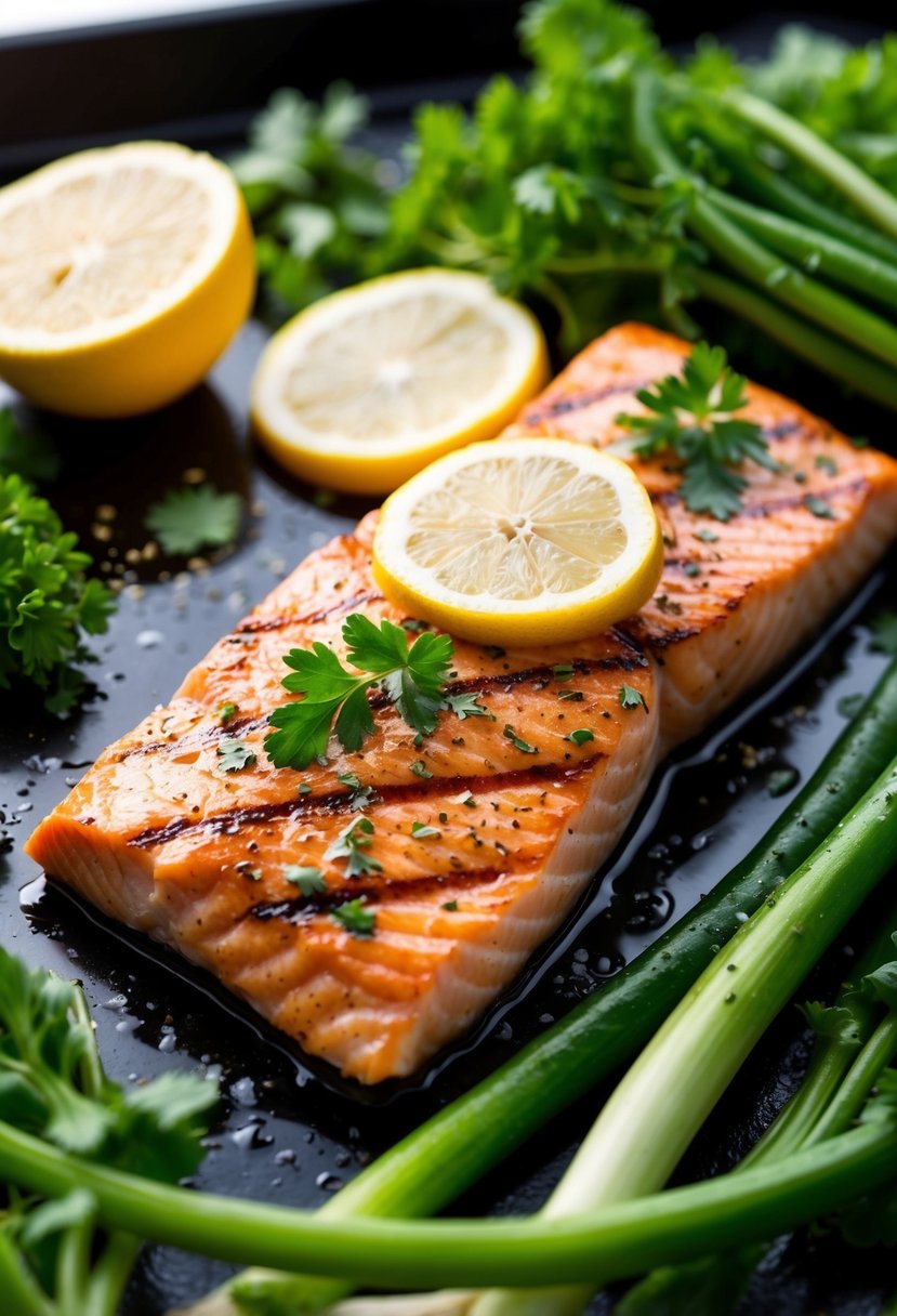 A succulent grilled salmon fillet with a drizzle of lemon, surrounded by vibrant green vegetables and a sprinkle of herbs