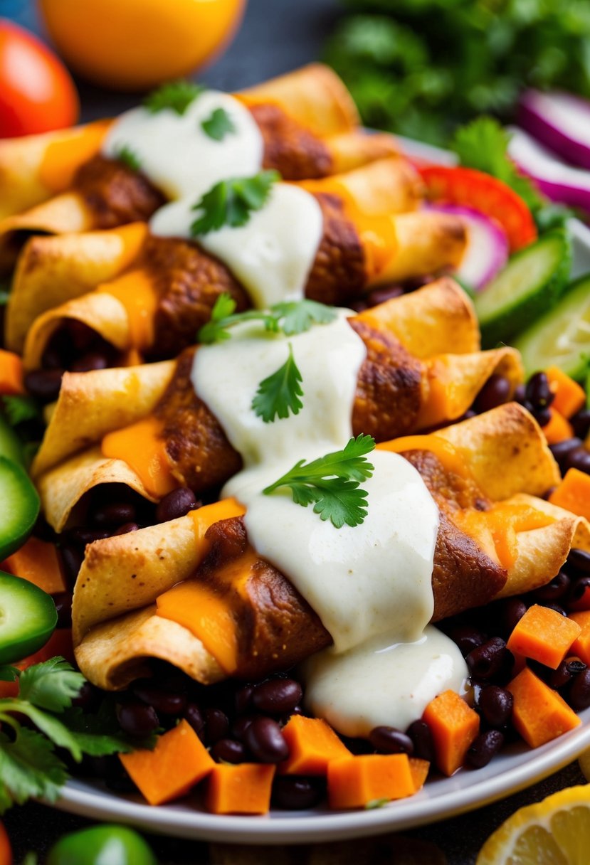 A colorful array of black bean and sweet potato enchiladas, topped with melted cheese and surrounded by vibrant vegetables