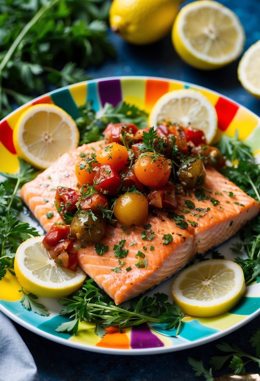 A colorful plate of lemon-herb salmon topped with caponata, surrounded by fresh herbs and lemon slices