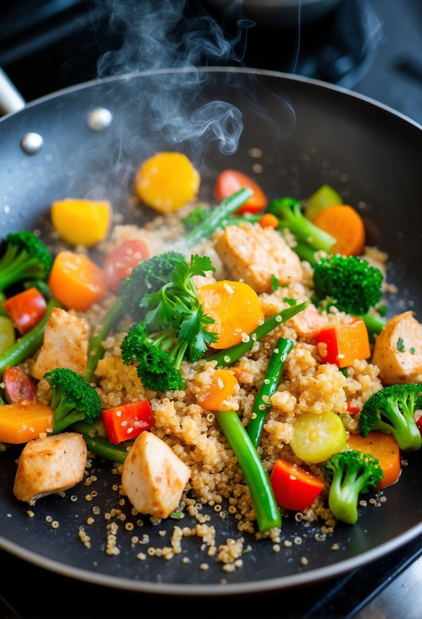 A sizzling stir-fry pan with colorful vegetables, tender pieces of chicken, and fluffy quinoa, emitting a mouthwatering aroma