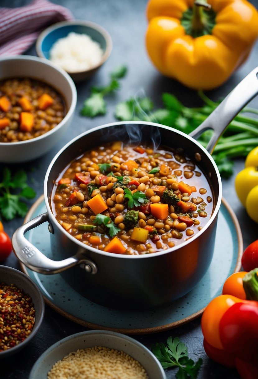 A steaming pot of hearty lentil chili surrounded by colorful vegetables and spices