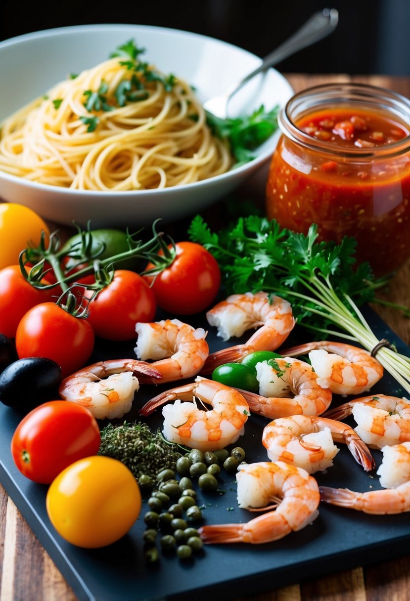 A colorful array of fresh shrimp, tomatoes, olives, capers, and herbs arranged on a cutting board, with a bowl of spaghetti and a jar of marinara sauce nearby