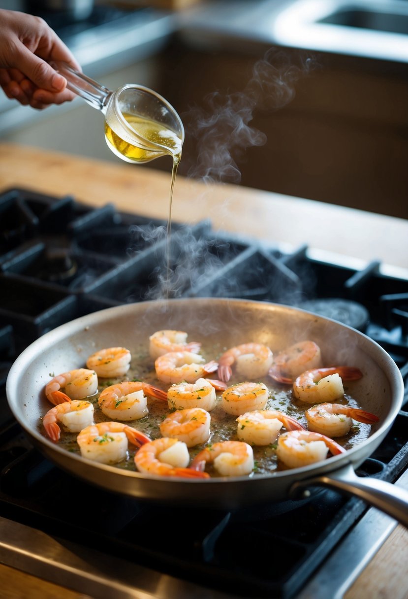 A sizzling pan of shrimp being seared with garlic, emitting a savory aroma