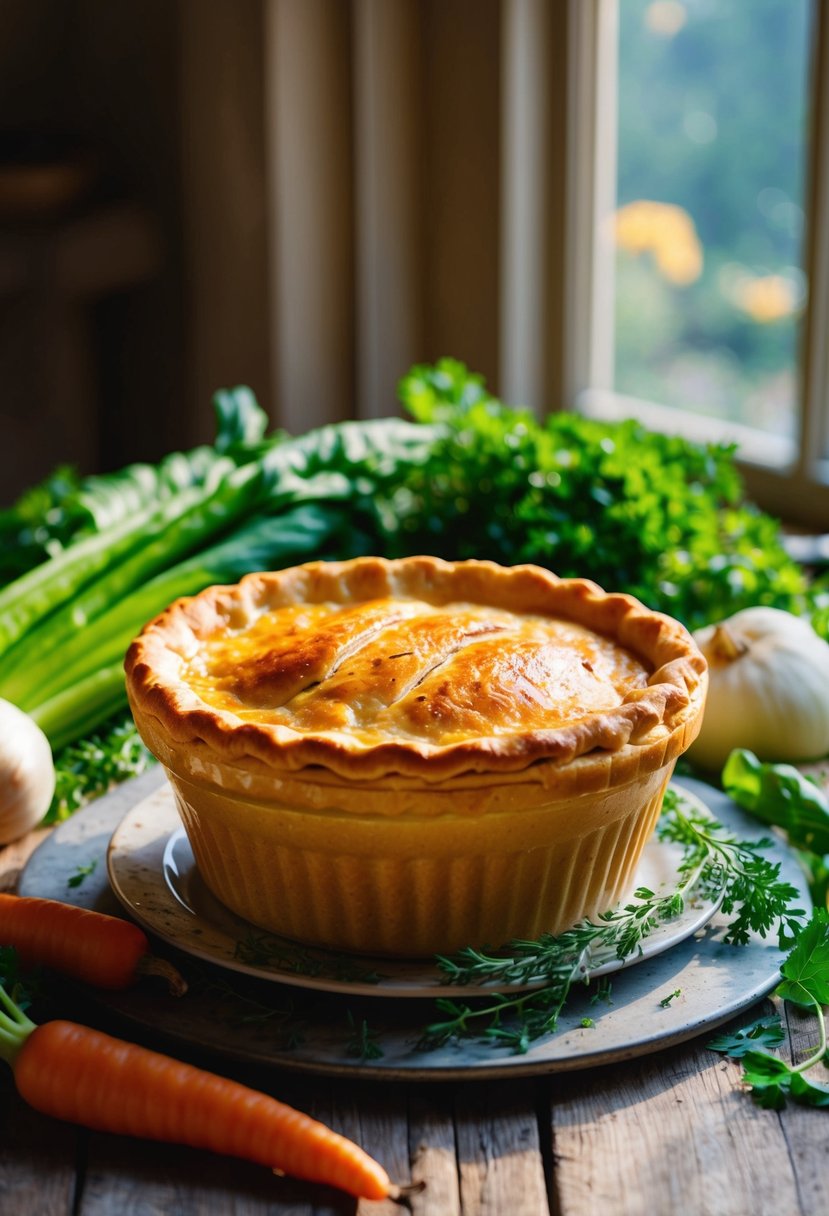 A golden-brown chicken pot pie sits on a rustic table, surrounded by fresh vegetables and herbs. Sunlight streams in through a nearby window, casting a warm glow over the scene