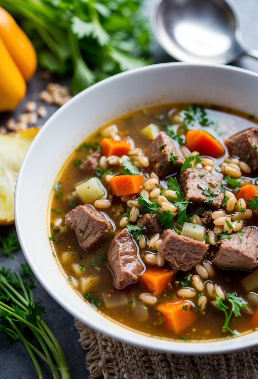 A steaming bowl of beef barley soup with chunks of tender meat and hearty grains, surrounded by fresh vegetables and herbs