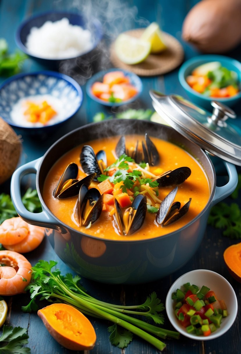 A steaming pot of coconut mussels sweet potato soup, surrounded by fresh seafood and vibrant vegetables