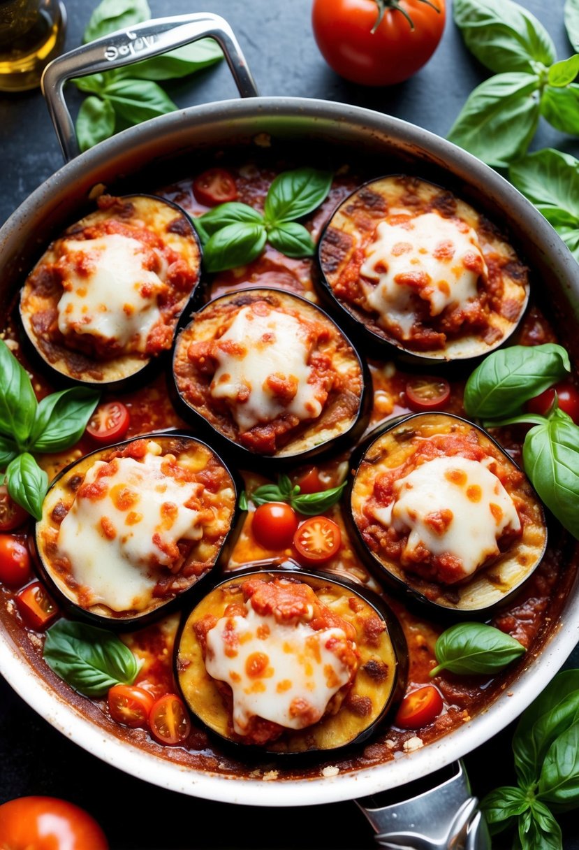 A bubbling pan of golden-brown eggplant slices topped with marinara and melted cheese, surrounded by fresh basil and tomatoes