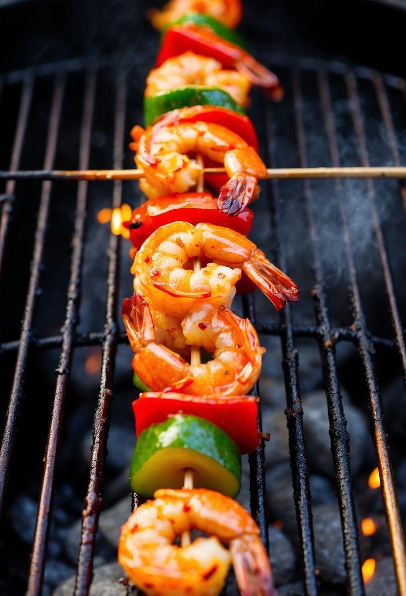 A sizzling skewer of shrimp and colorful vegetables coated in a glossy barbecue glaze, grilling over hot coals