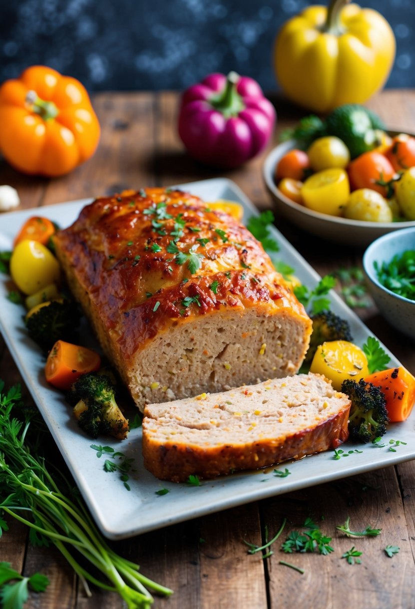 A golden-brown turkey meatloaf sits on a rustic wooden table, surrounded by colorful roasted vegetables and a garnish of fresh herbs