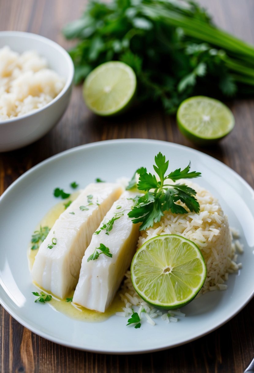 A plate of steamed halibut with a side of coconut lime rice, garnished with fresh herbs and a slice of lime