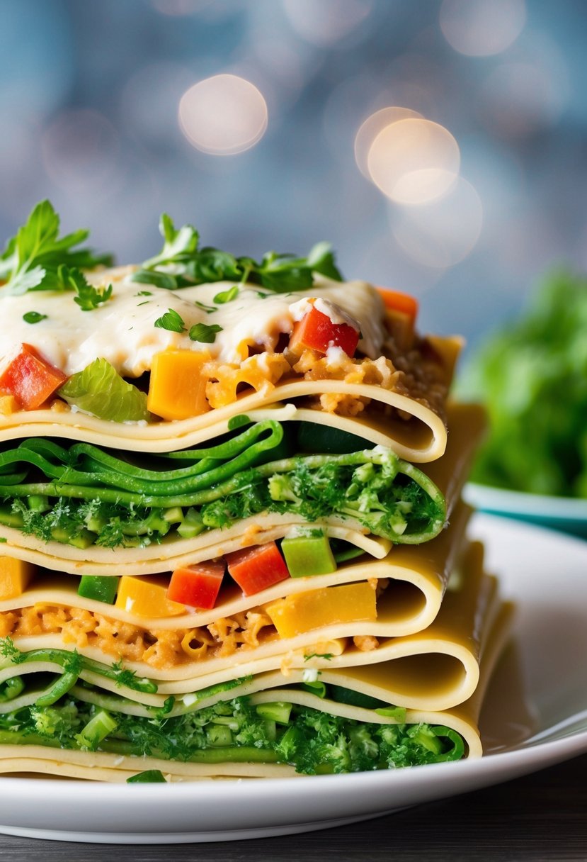 A colorful array of fresh vegetables layered between sheets of lasagna noodles, topped with melted cheese and herbs