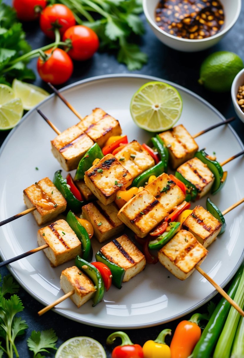 A plate of grilled tofu skewers with chili lime marinade, surrounded by vibrant vegetables and herbs