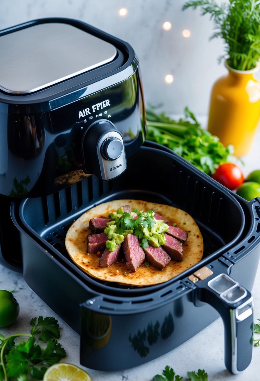 A sizzling tuna steak tostada being cooked in an air fryer, surrounded by fresh vegetables and herbs