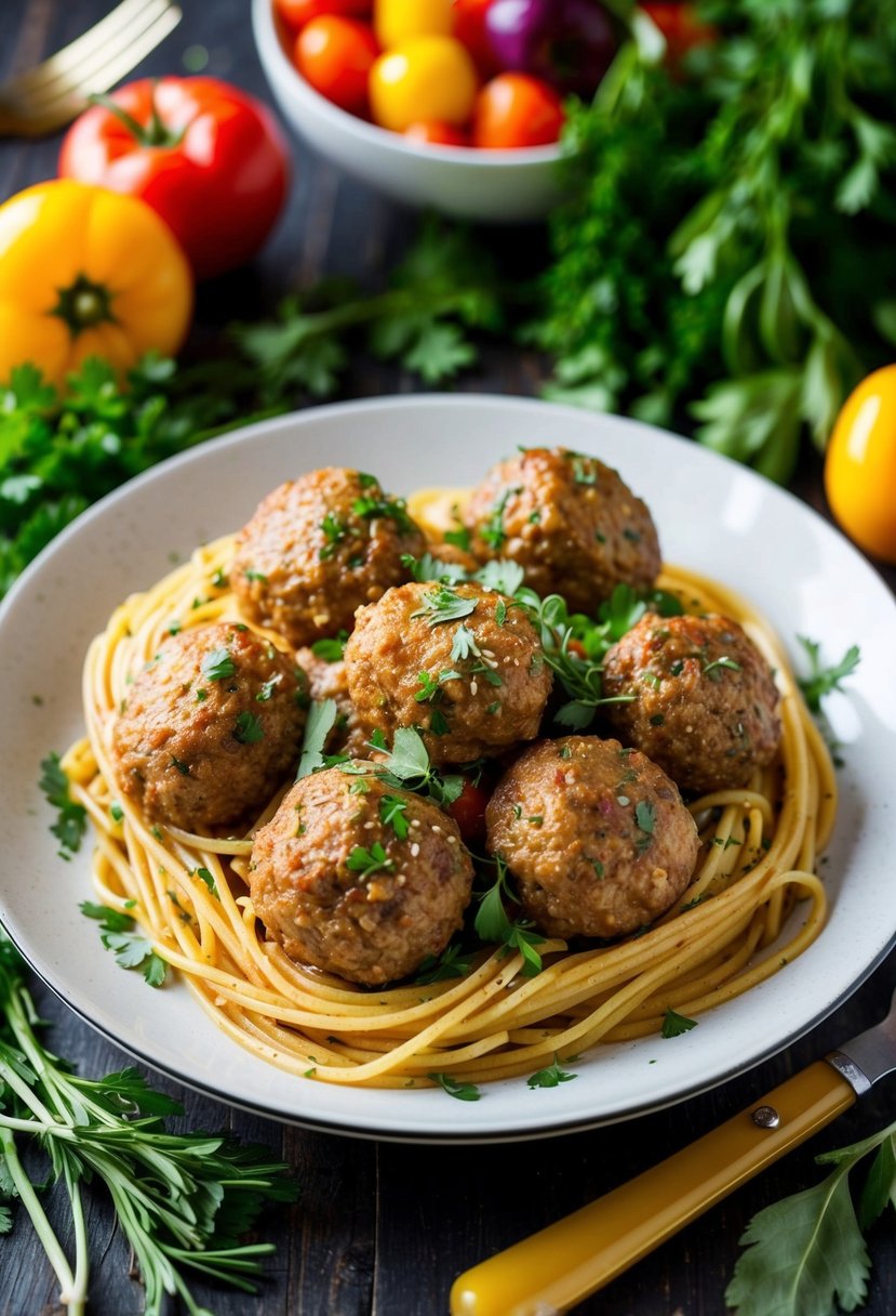 A steaming plate of whole wheat spaghetti and meatballs, surrounded by fresh herbs and colorful vegetables