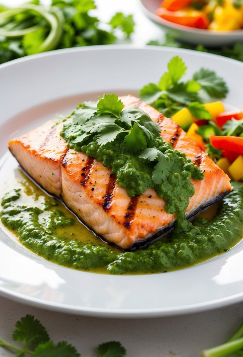 A sizzling grilled salmon fillet topped with vibrant green cilantro sauce, surrounded by fresh herbs and colorful vegetables on a clean, white plate