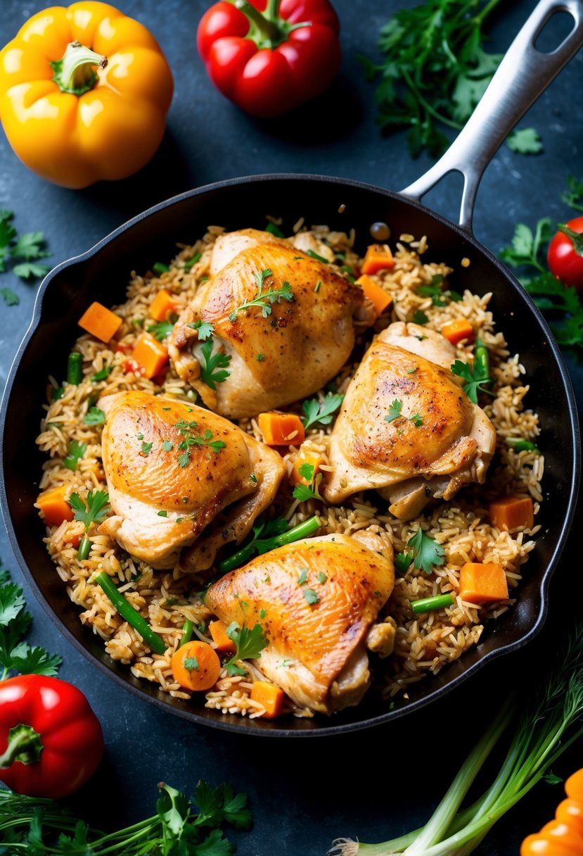 A skillet filled with cooked chicken and brown rice, surrounded by colorful vegetables and herbs