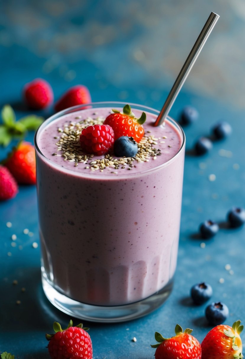 A glass filled with a thick, creamy smoothie topped with fresh berries and a sprinkle of seeds