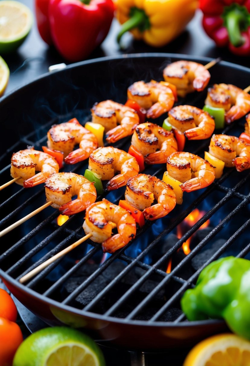 A sizzling grill with skewers of plump, peppery barbecue shrimp, surrounded by vibrant, fresh ingredients like colorful bell peppers and zesty citrus fruits