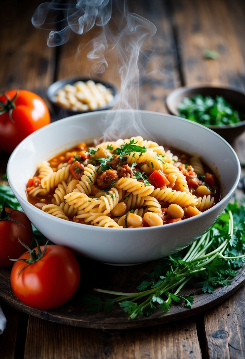 A steaming bowl of pasta e fagioli sits on a rustic wooden table, surrounded by fresh ingredients like tomatoes, beans, and herbs