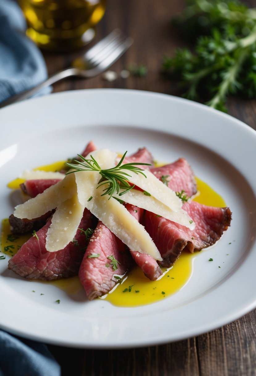 A plate of beef carpaccio topped with shaved parmesan and garnished with herbs and olive oil