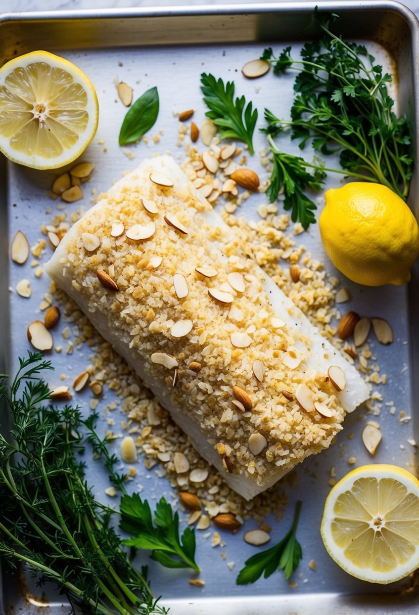 A piece of halibut is coated in crushed almonds and laid out on a baking sheet, surrounded by fresh herbs and lemon slices