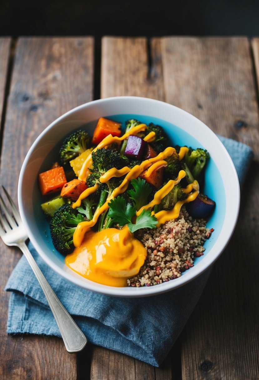 A colorful bowl filled with roasted vegetables, quinoa, and a drizzle of sauce, sitting on a rustic wooden table