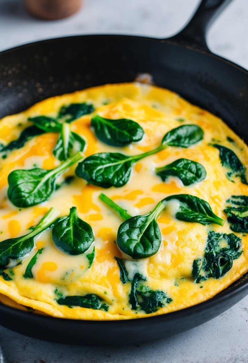 A sizzling omelet in a skillet, filled with vibrant green spinach and gooey melted cheese, emitting a savory aroma