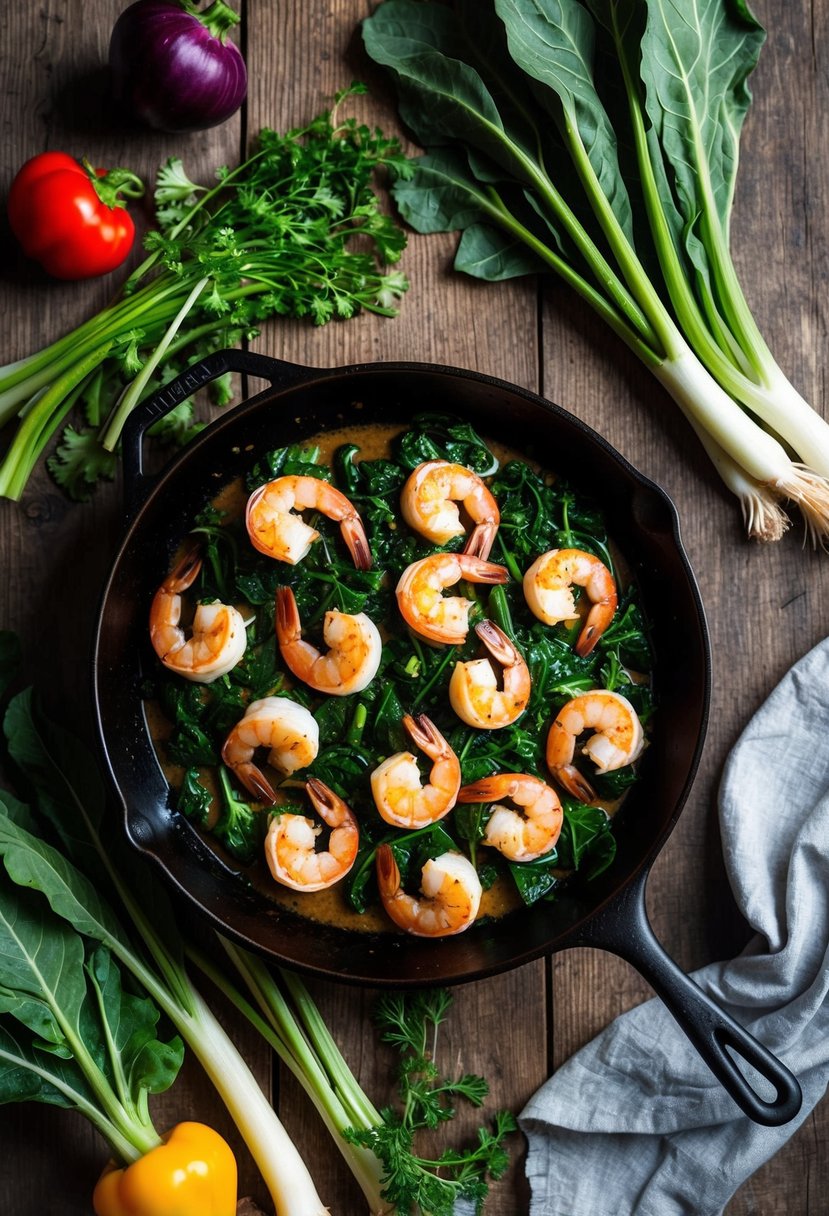 A sizzling skillet of smoky collards and shrimp, surrounded by vibrant vegetables and herbs on a rustic wooden table