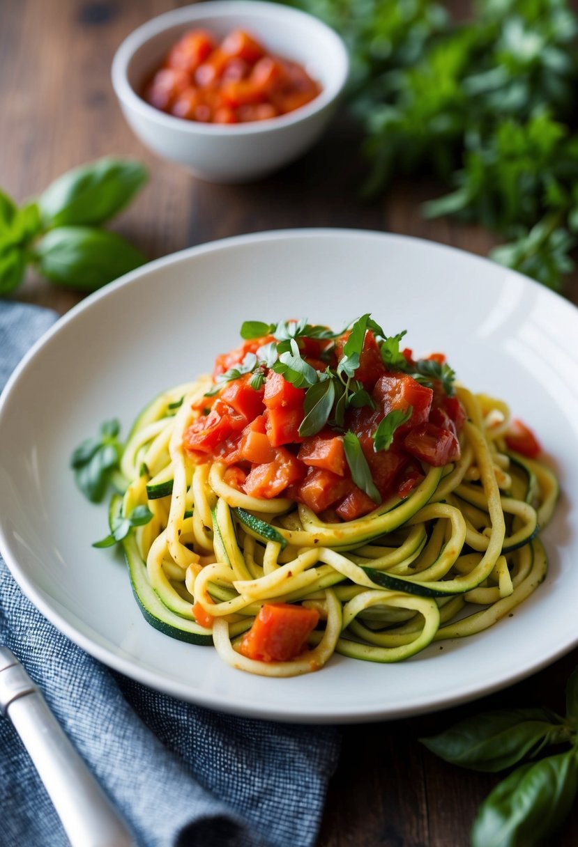 A plate of zucchini noodles topped with tomato basil sauce and garnished with fresh herbs