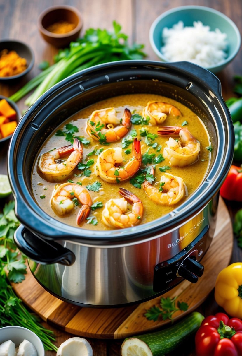 A bubbling slow cooker filled with aromatic coconut curry shrimp, surrounded by vibrant vegetables and herbs