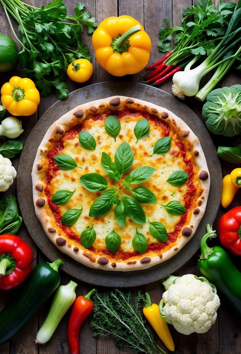 A colorful array of fresh vegetables and herbs surround a golden-brown cauliflower crust pizza on a rustic wooden table