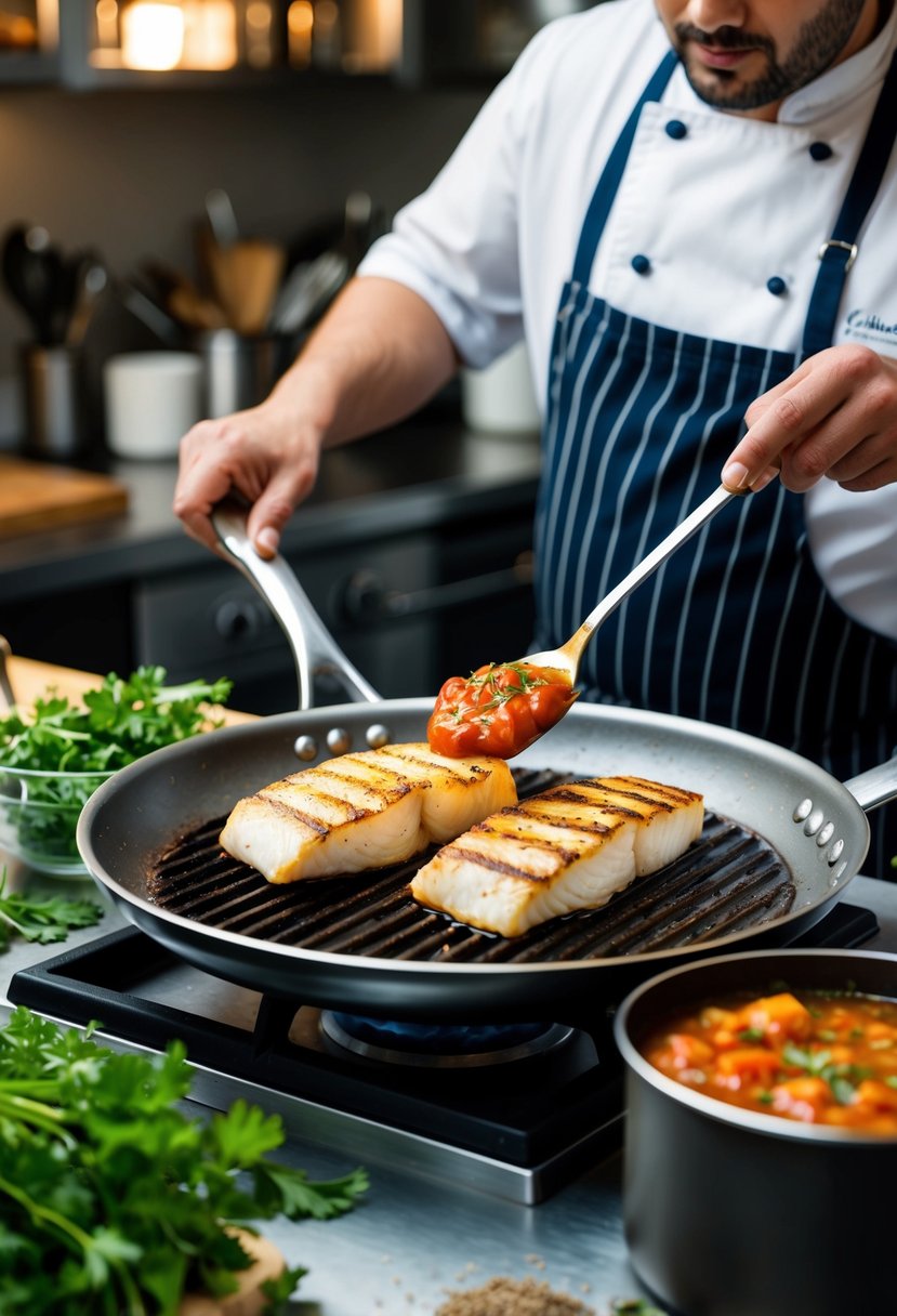 A chef grills cod on a sizzling pan while a vibrant tomato chutney simmers in a pot nearby. Fresh herbs and spices are scattered on the counter