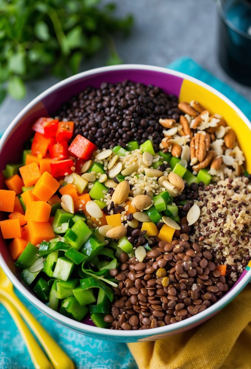 A colorful array of lentils, quinoa, and mixed vegetables, topped with a variety of nuts and seeds, all mixed together in a vibrant salad bowl