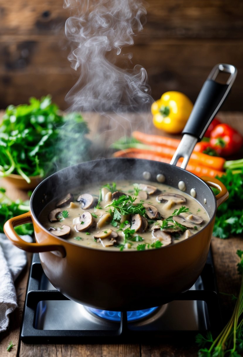 A steaming pot of hearty mushroom stroganoff simmering on a rustic wooden stove, surrounded by fresh herbs and colorful vegetables