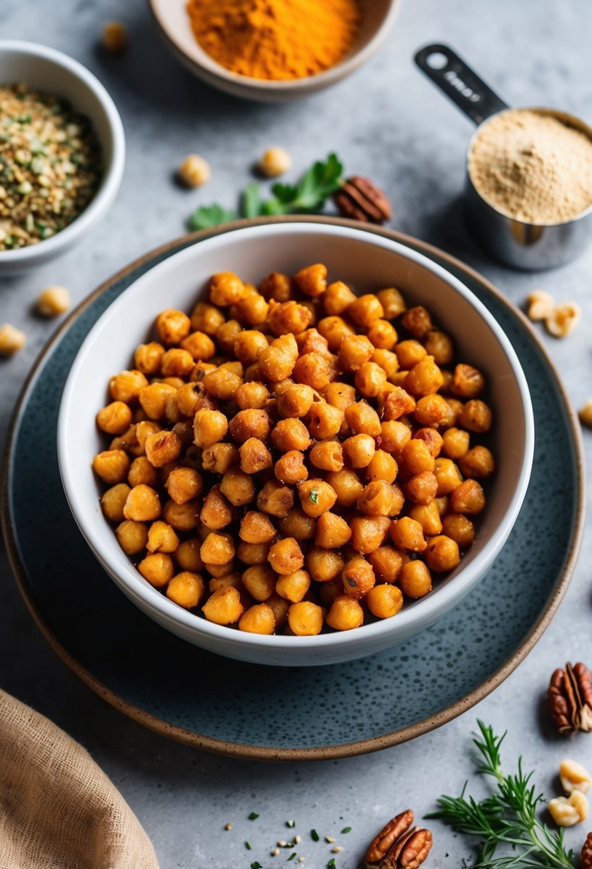 A bowl of roasted chickpeas surrounded by ingredients like spices, herbs, and nuts, with a measuring cup of protein powder nearby