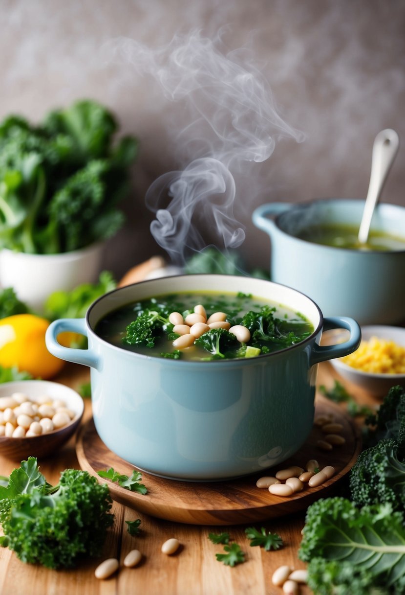 A steaming pot of kale and white bean soup surrounded by fresh ingredients and a cozy kitchen backdrop