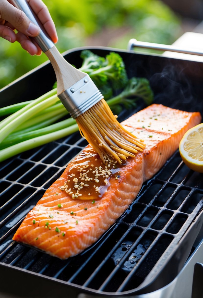 A salmon fillet being brushed with ginger-soy glaze on a grill. Green vegetables and a lemon wedge on the side