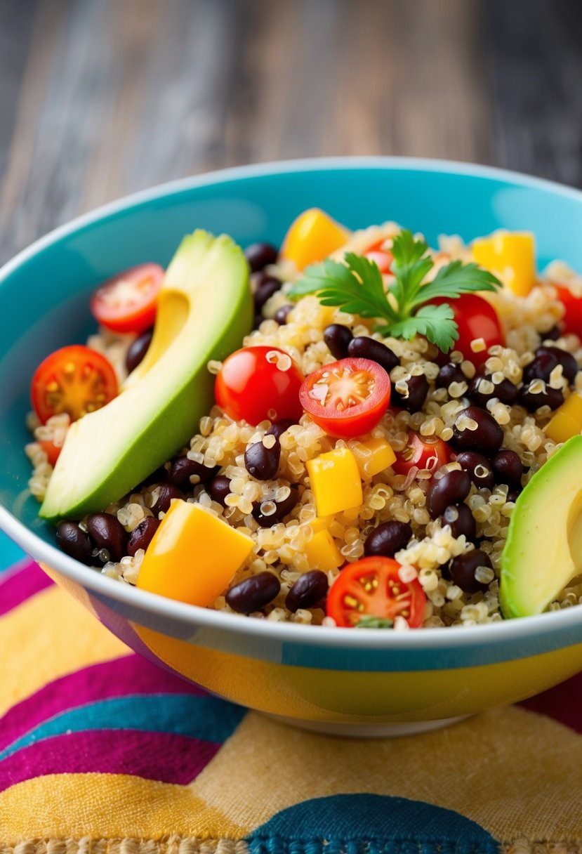 A colorful quinoa salad with black beans, tomatoes, bell peppers, and avocado arranged in a vibrant bowl