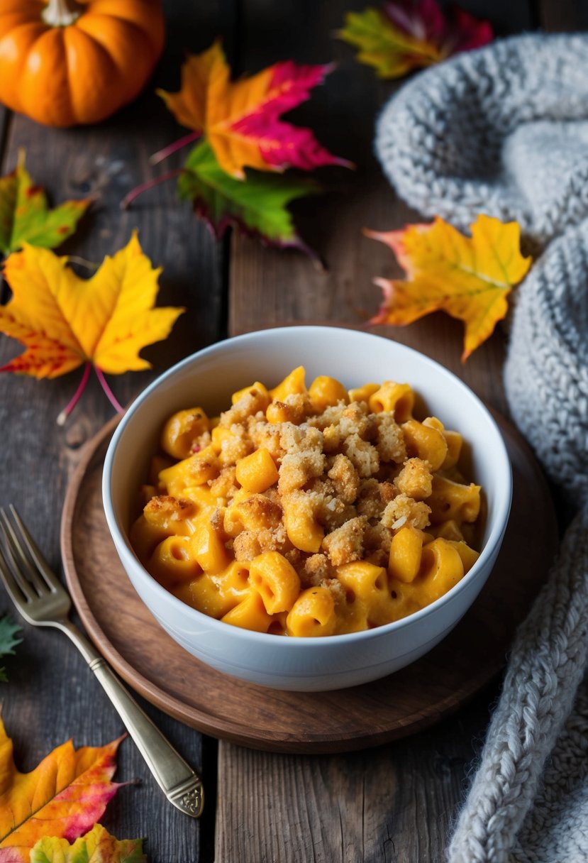 A steaming bowl of butternut squash mac & cheese with a golden breadcrumb topping sits on a rustic wooden table, surrounded by colorful autumn leaves and a cozy knit blanket