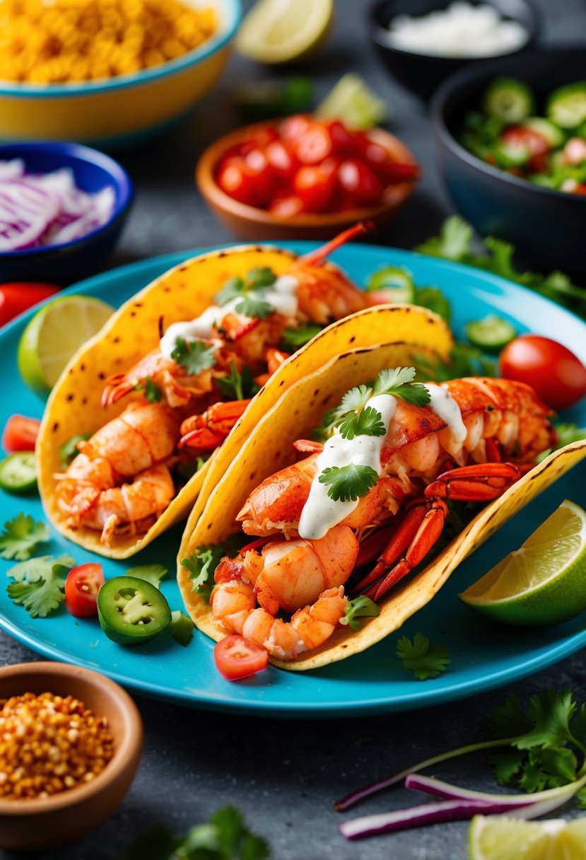 A colorful plate of spicy lobster tacos surrounded by fresh ingredients and vibrant garnishes