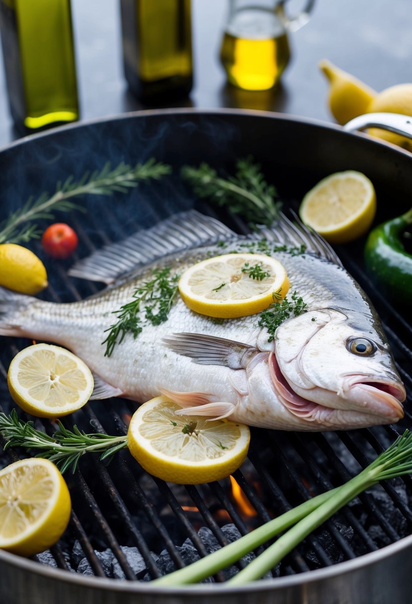 A whole branzino fish with herbs and lemon slices on a grill over hot coals, surrounded by fresh vegetables and olive oil