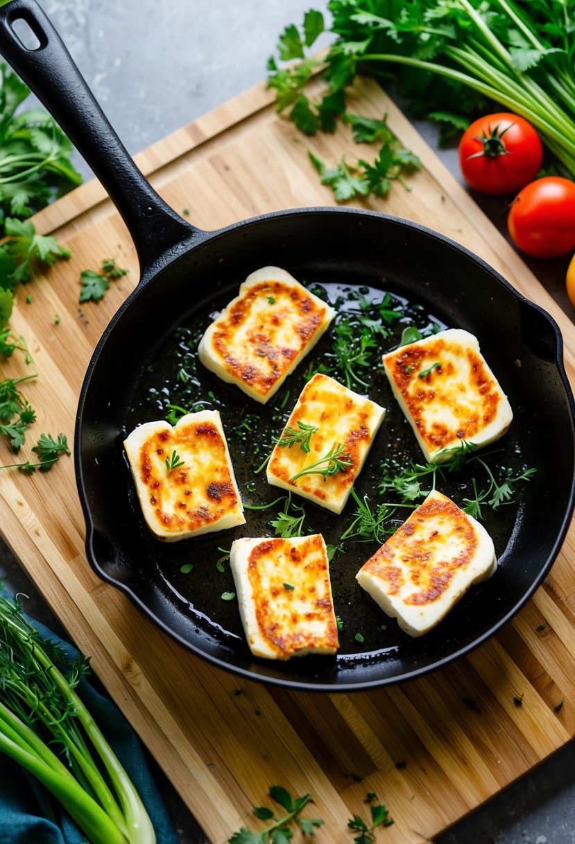 A sizzling skillet holds golden-brown halloumi slices, surrounded by vibrant vegetables and herbs on a wooden cutting board