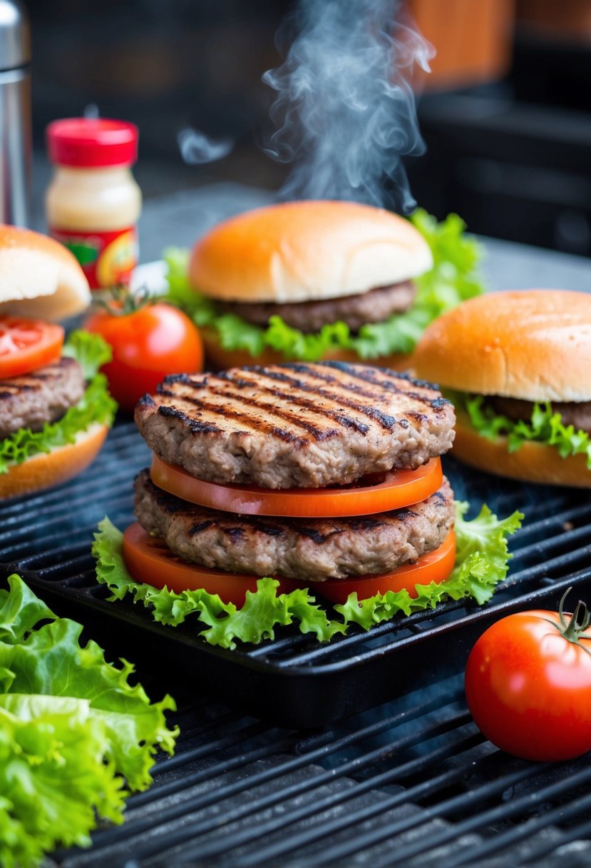 A sizzling hamburger patties on a grill, surrounded by fresh lettuce, tomatoes, and buns, with condiments and toppings nearby