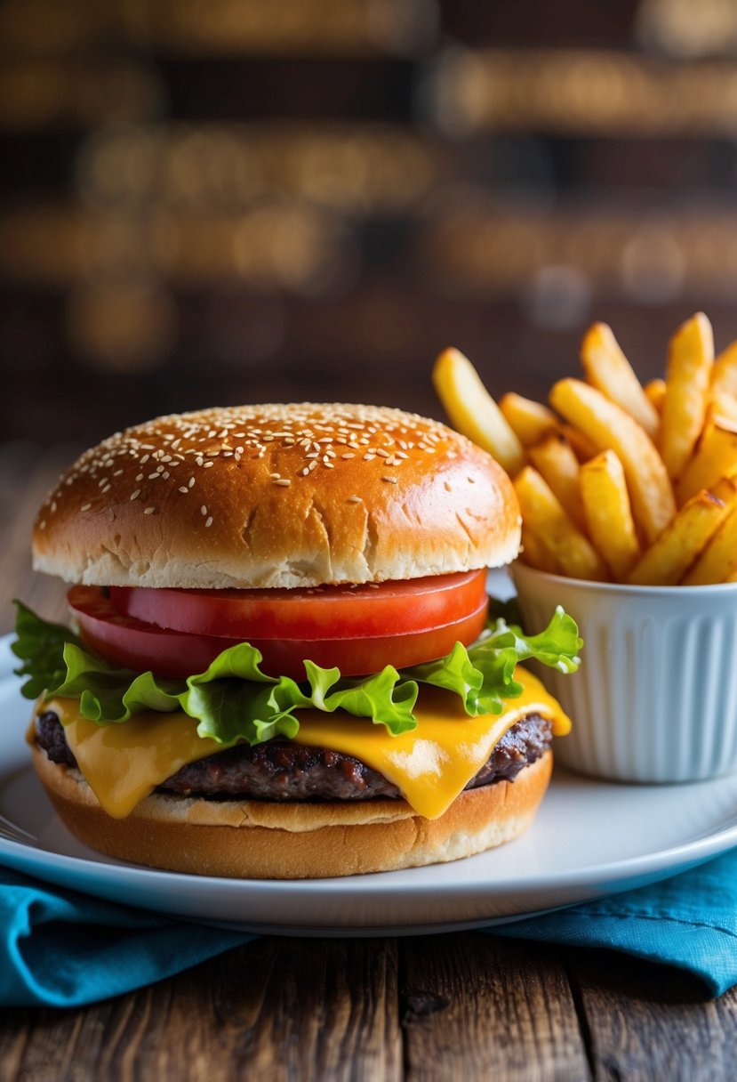 A juicy cheeseburger with lettuce, tomato, and melted cheese on a sesame seed bun, served with a side of crispy golden fries